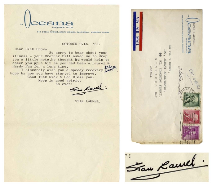 Stan Laurel Letter Signed With His Full Name -- Laurel Composes a Letter to His Friend's Brother, Diagnosed With Cancer